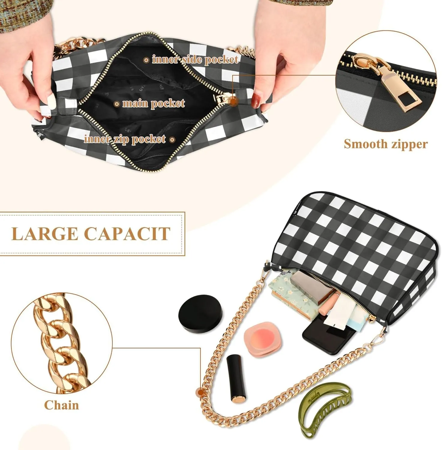 Women's Handbags Tote Crossbody Bag Stylish Purse Ladies Shoulder Bag Handbag Black and White Checkered Crescent Bag