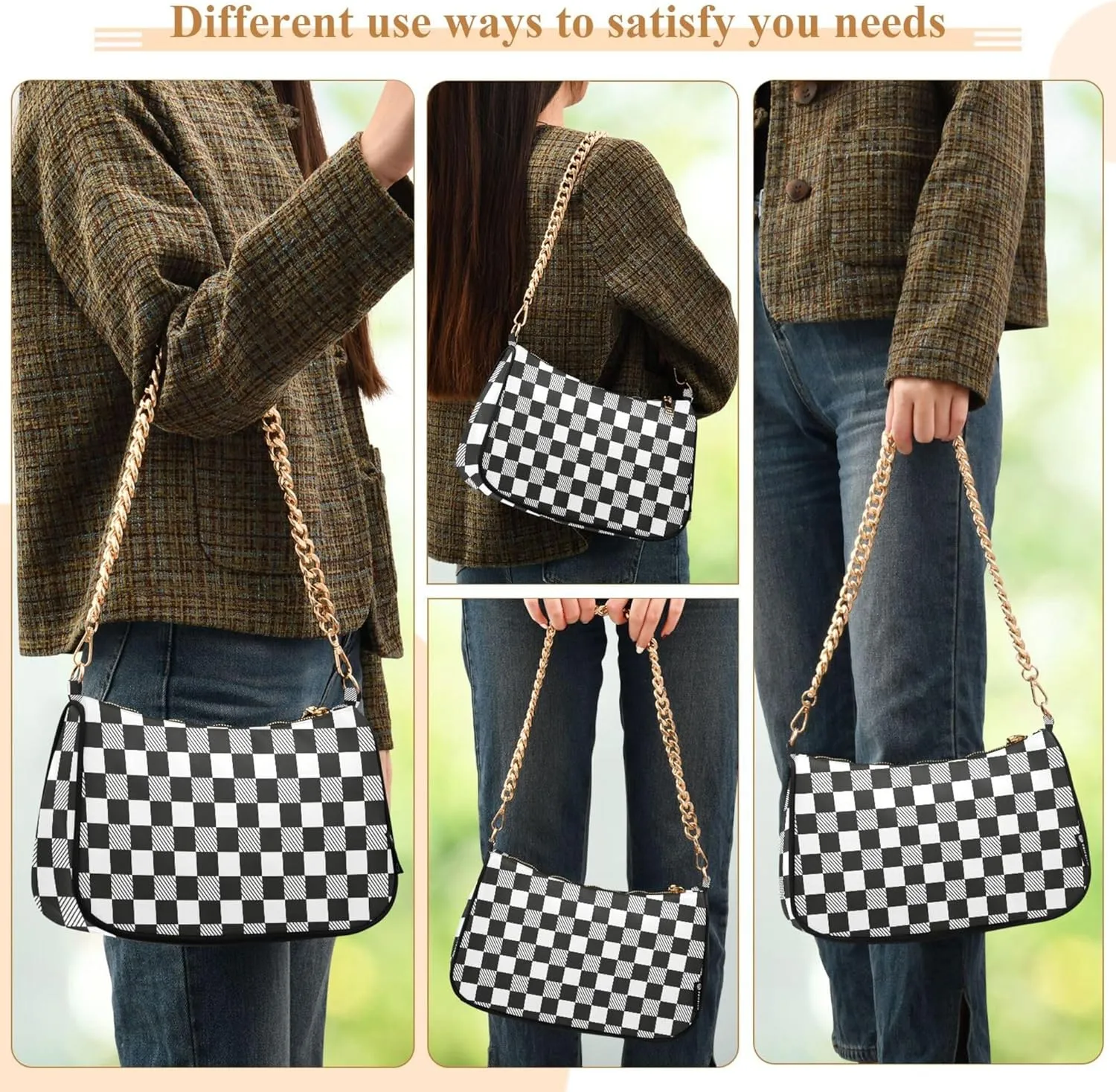 Women's Handbags Tote Crossbody Bag Stylish Purse Ladies Shoulder Bag Handbag Black and White Checkered Crescent Bag