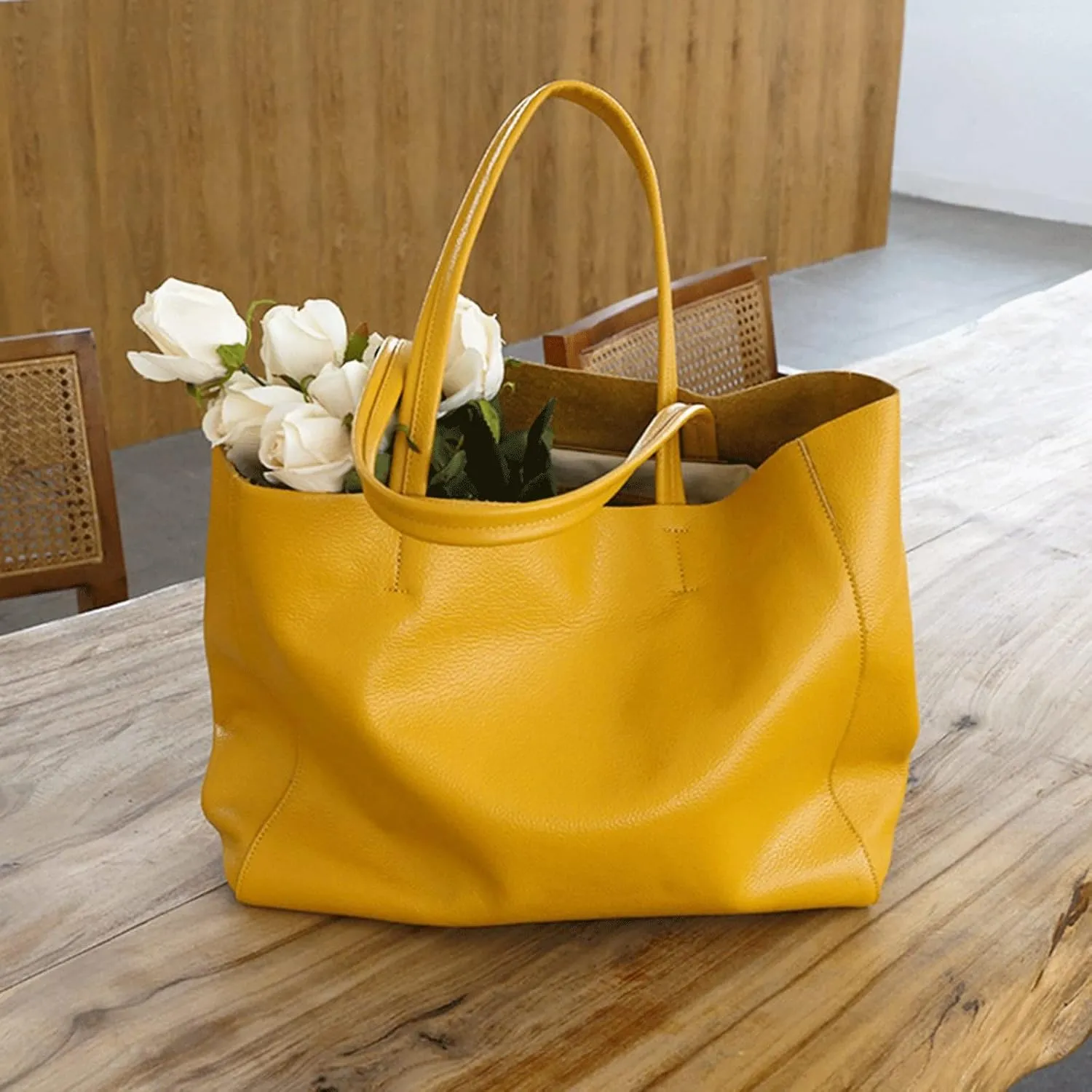 Women's Handbags Women Luxury Bag Casual Tote Female Lemon Yellow Fashion Shoulder Handbag Lady Cowhide Genuine Leather Shoulder Shopping Bag(Brown,Black)