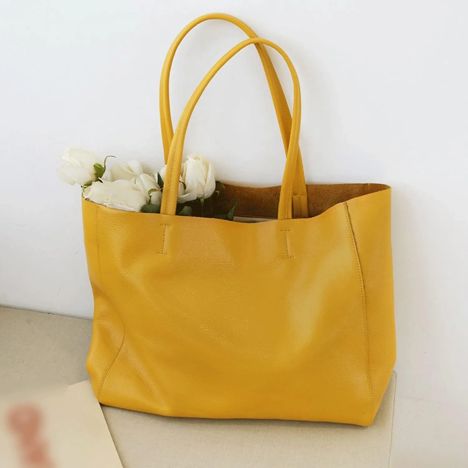 Women's Handbags Women Luxury Bag Casual Tote Female Lemon Yellow Fashion Shoulder Handbag Lady Cowhide Genuine Leather Shoulder Shopping Bag(Brown,Black)