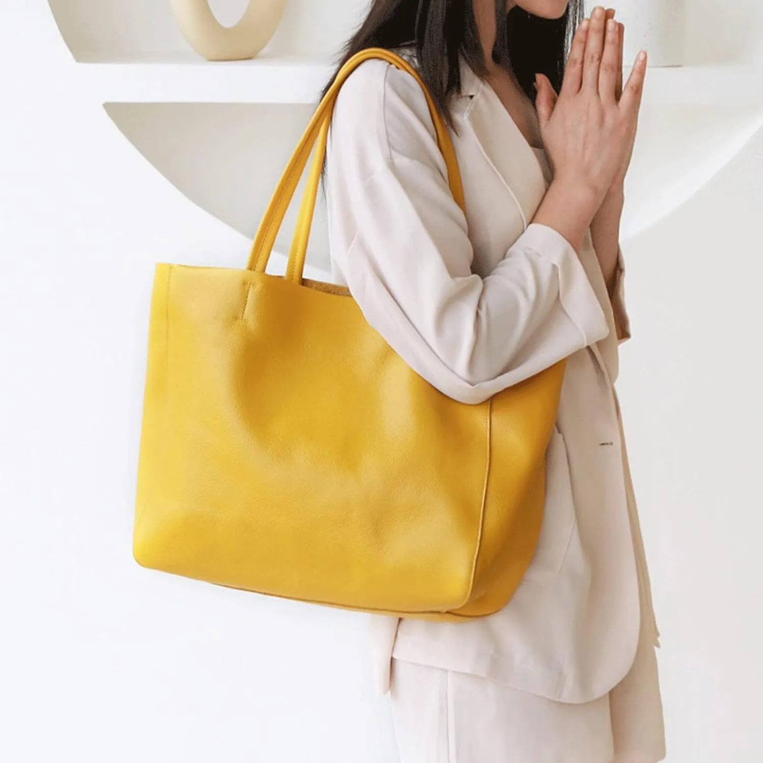 Women's Handbags Women Luxury Bag Casual Tote Female Lemon Yellow Fashion Shoulder Handbag Lady Cowhide Genuine Leather Shoulder Shopping Bag(Brown,Black)