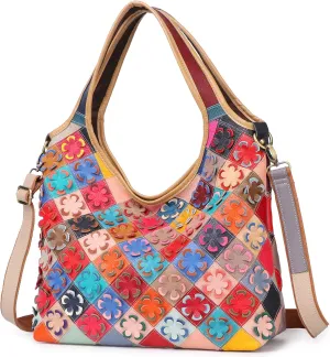 Womens Multicoloured Handbag Genuine Leather Purses Colorful Stripes Stitching Shoulder Vintage Tote Satchels