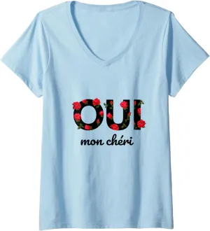 Womens Oui Mon Cheri Cool French Expression Quotes Graphic Designs V-Neck T-Shirt