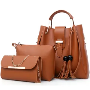 Women's Purse and Handbags 3 Pcs Bag Set PU Leather Tassel Totes Clutch Satchels Top Handle Shoulder Crossbody Bags Pack Brown