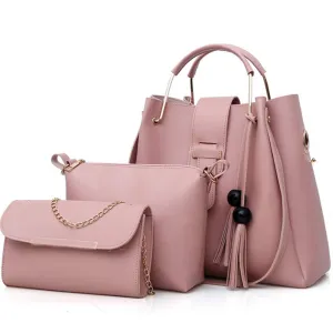 Women's Purse and Handbags 3 Pcs Bag Set PU Leather Tassel Totes Clutch Satchels Top Handle Shoulder Crossbody Bags Pack Pink