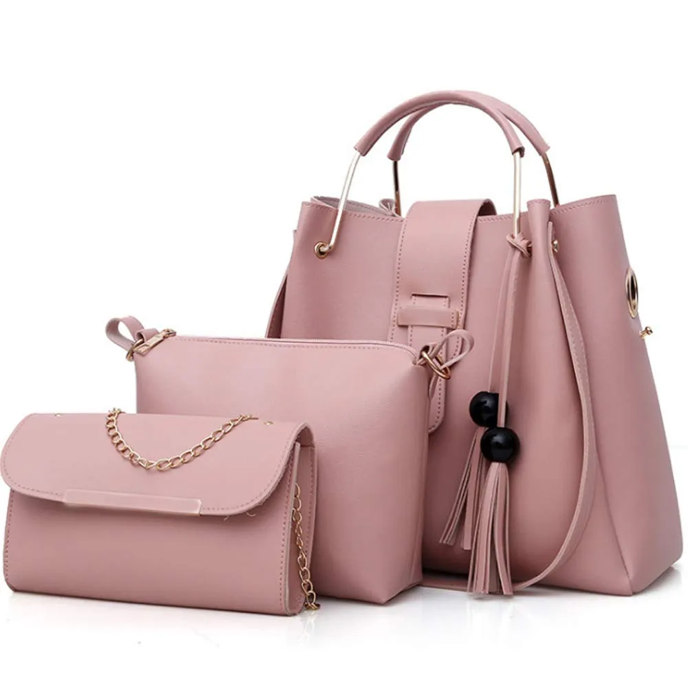 Women's Purse and Handbags 3 Pcs Bag Set PU Leather Tassel Totes Clutch Satchels Top Handle Shoulder Crossbody Bags Pack Pink