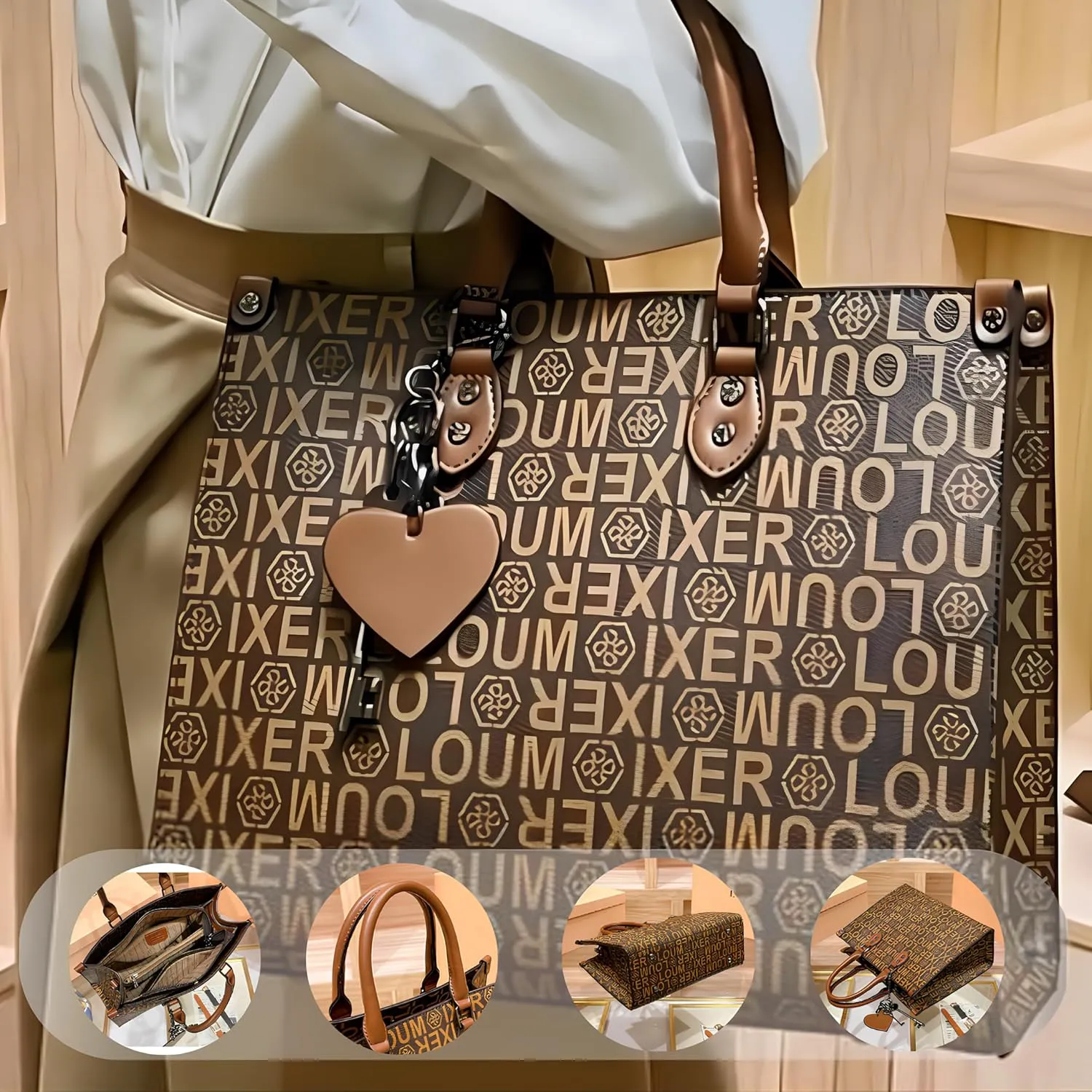 Women's Tote Bag Elegant Multi-Pocket Handbag with Heart Pendant, Spacious & Stylish for Work, Travel & Daily Use