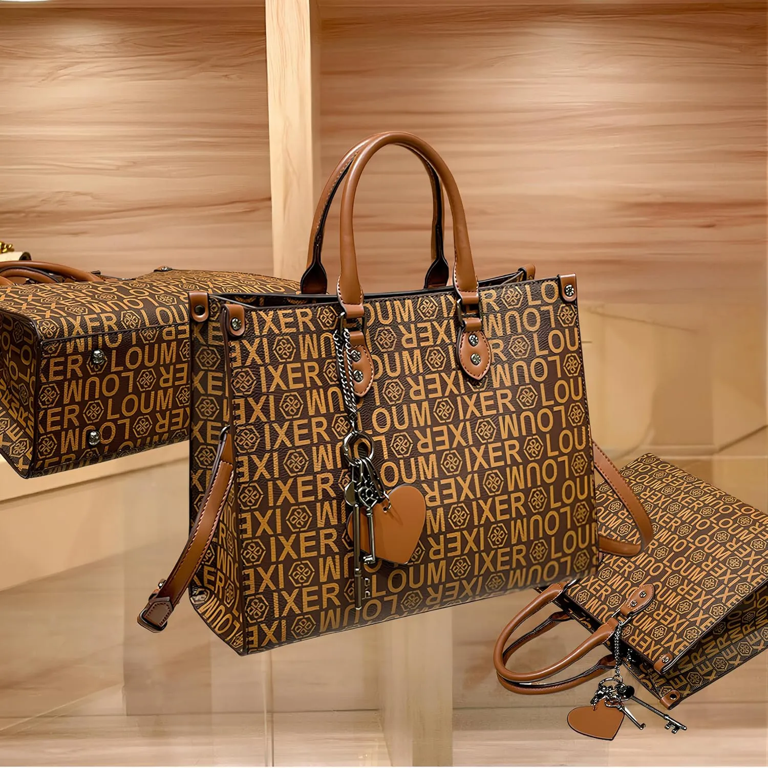 Women's Tote Bag Elegant Multi-Pocket Handbag with Heart Pendant, Spacious & Stylish for Work, Travel & Daily Use
