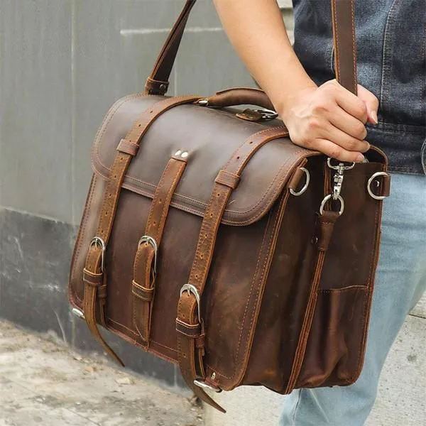 Woosir Thick Cowhide Leather Briefcase Messenger Bag 16 Inch