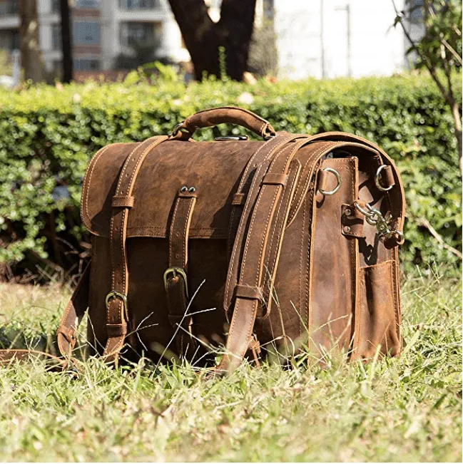 Woosir Thick Cowhide Leather Briefcase Messenger Bag 16 Inch