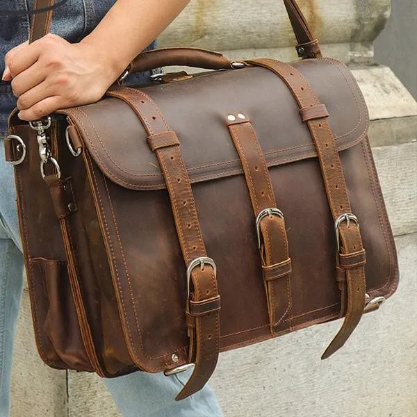 Woosir Thick Cowhide Leather Briefcase Messenger Bag 16 Inch