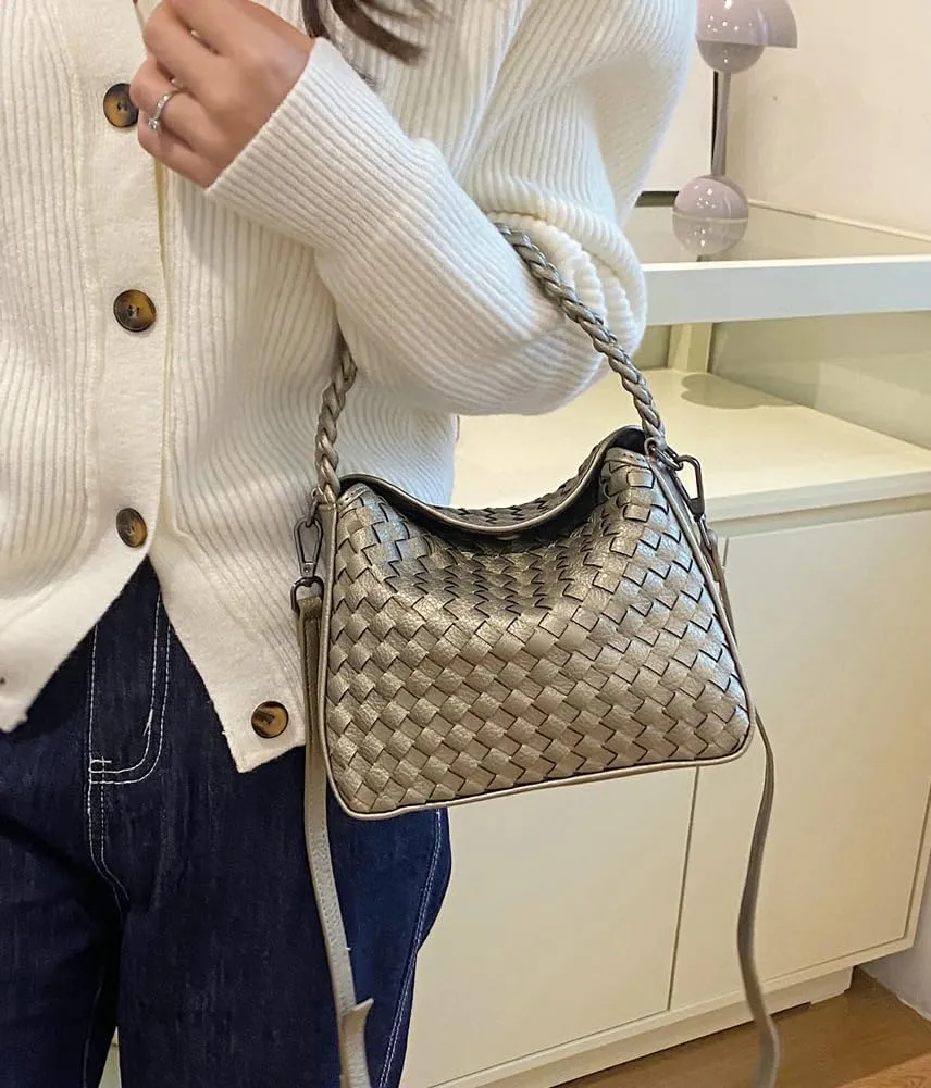 Woven Tote Bag for Women Fashion Shoulder Hobo Bags Leather Woven Beach Handbag Crossbody Purse Vintage Satchels Handbag