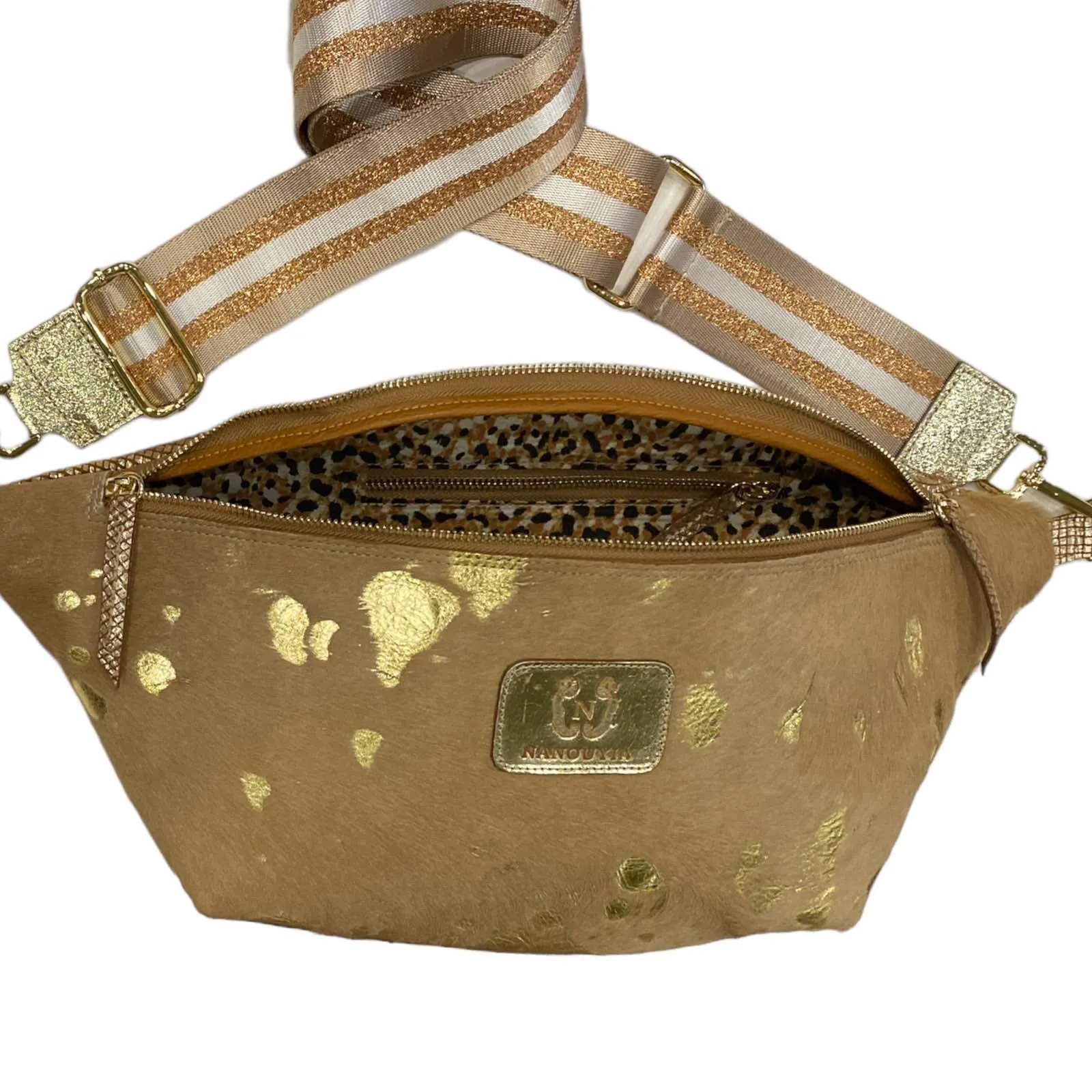XXL beige and gold vintage calf-hair leather belt bag