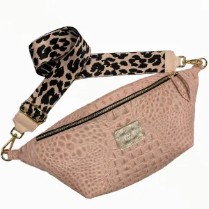 XXL pink alligator-print leather belt bag