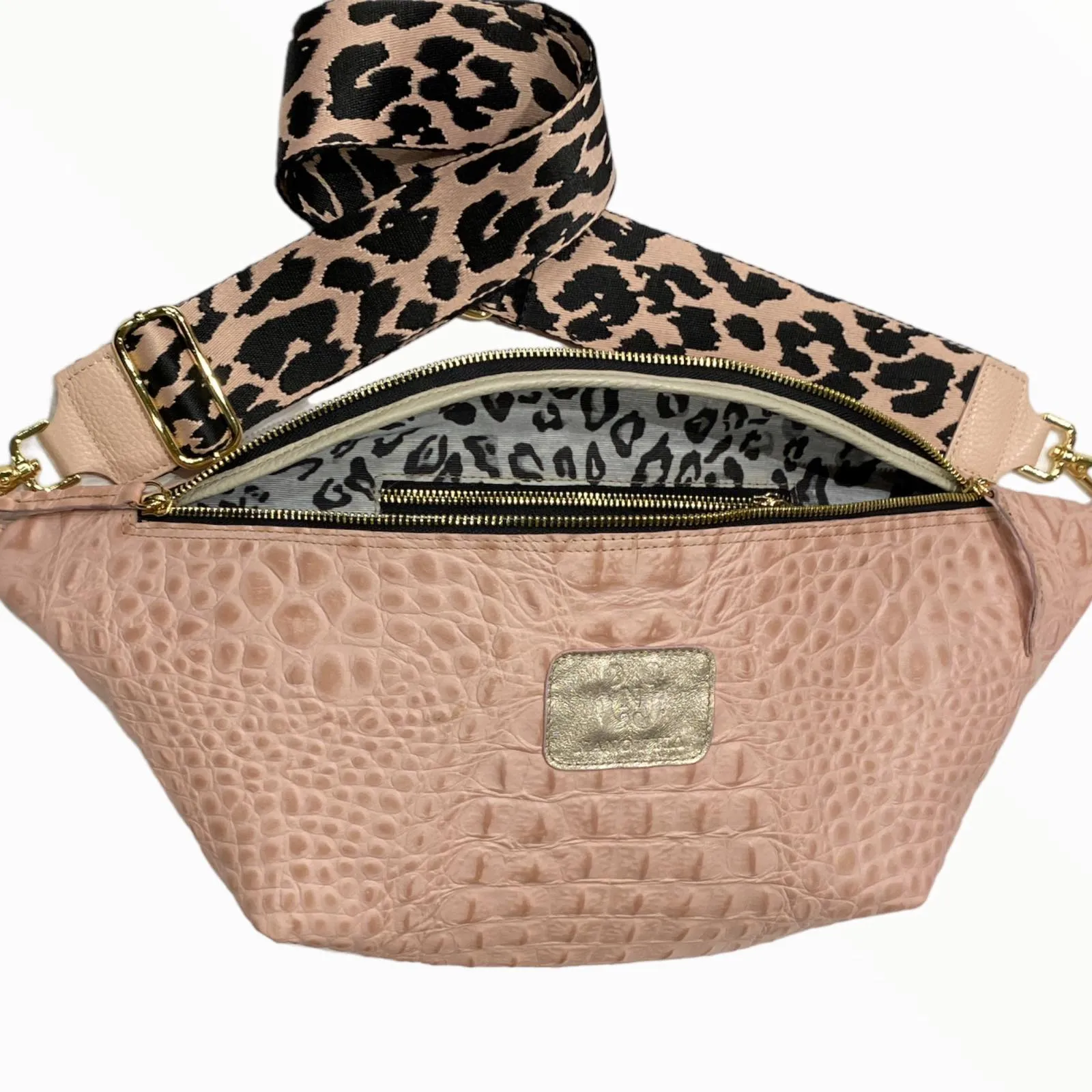 XXL pink alligator-print leather belt bag