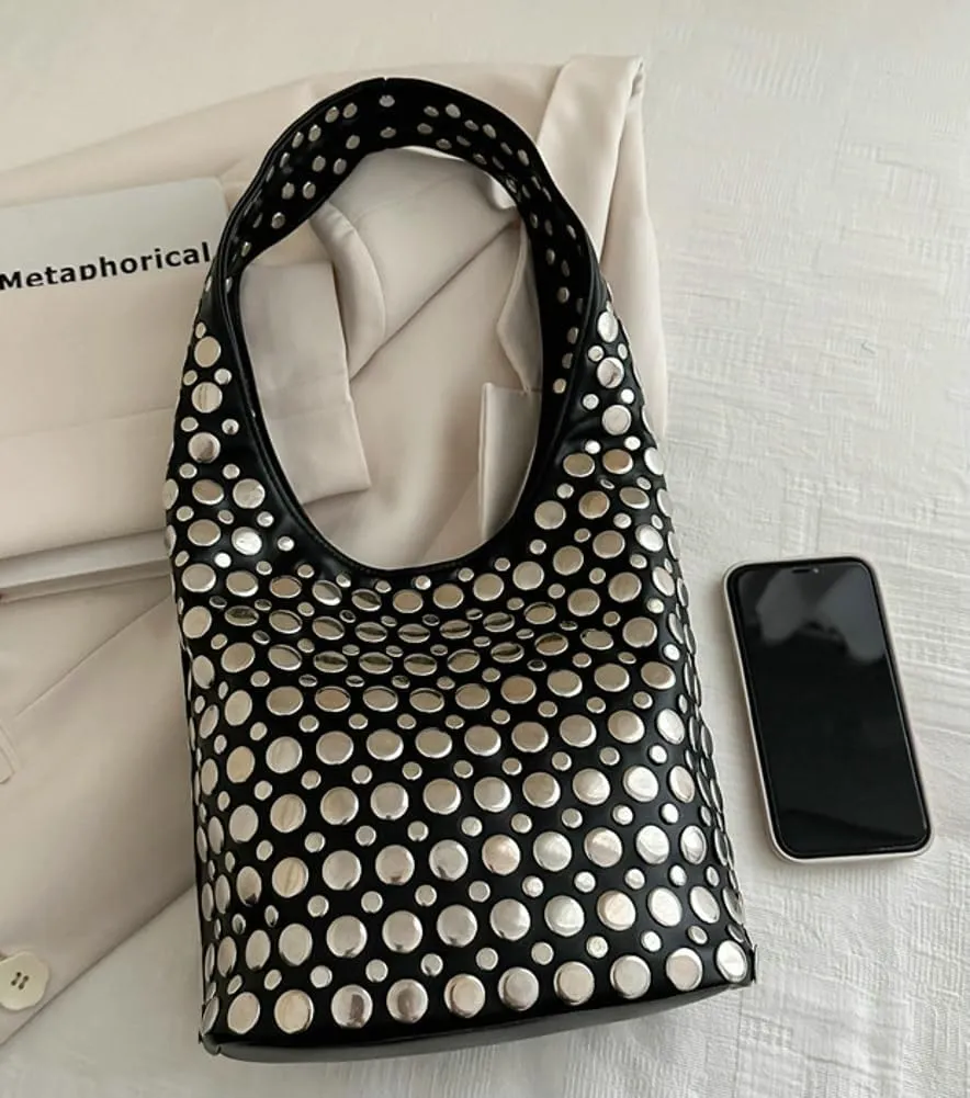 Y2k 90s Crescent Hobo Bags Women Trendy Studded PU Leather Shoulder Crossbody Purse Punk Underarm Satchels Tote Handbag