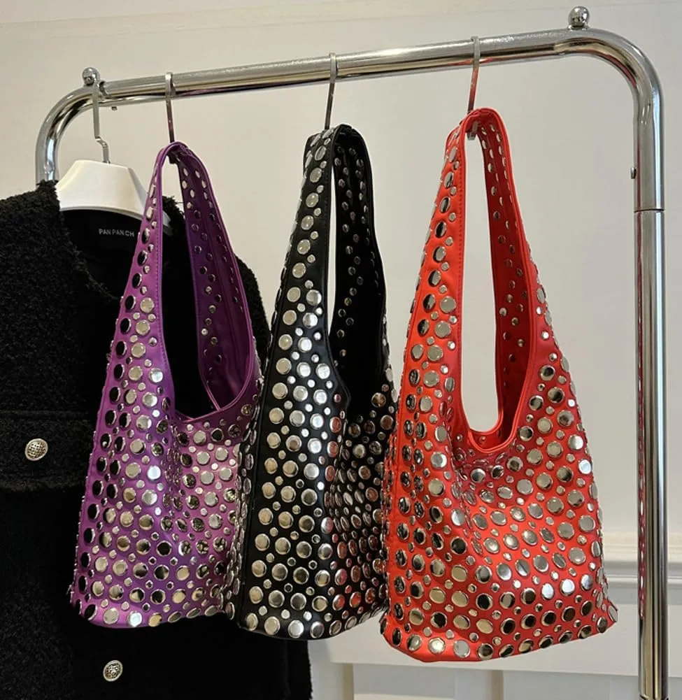 Y2k 90s Crescent Hobo Bags Women Trendy Studded PU Leather Shoulder Crossbody Purse Punk Underarm Satchels Tote Handbag