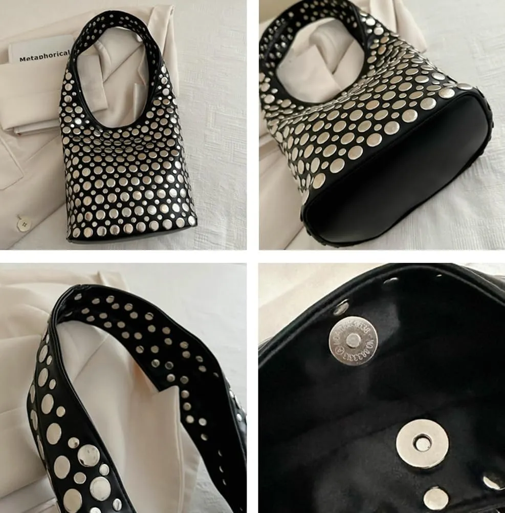 Y2k 90s Crescent Hobo Bags Women Trendy Studded PU Leather Shoulder Crossbody Purse Punk Underarm Satchels Tote Handbag