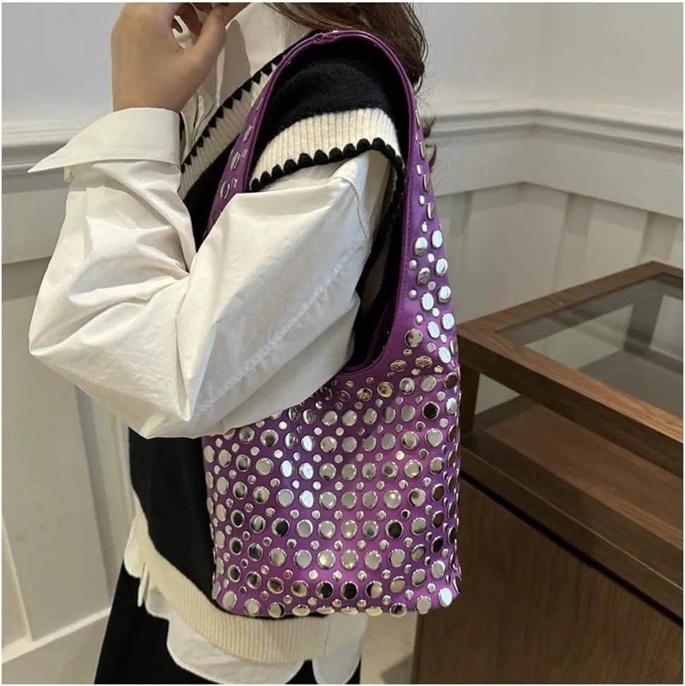 Y2k 90s Crescent Hobo Bags Women Trendy Studded PU Leather Shoulder Crossbody Purse Punk Underarm Satchels Tote Handbag
