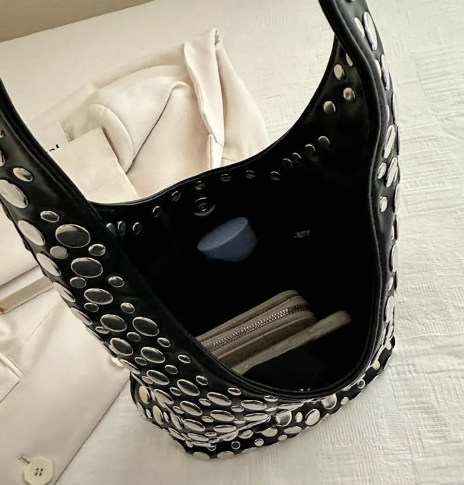 Y2k 90s Crescent Hobo Bags Women Trendy Studded PU Leather Shoulder Crossbody Purse Punk Underarm Satchels Tote Handbag