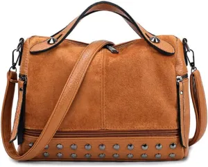 YAQUNICER Women Retro Rivet Shoulder Crossbody Bags Frosted Locomotive Handbags