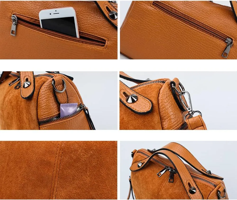 YAQUNICER Women Retro Rivet Shoulder Crossbody Bags Frosted Locomotive Handbags