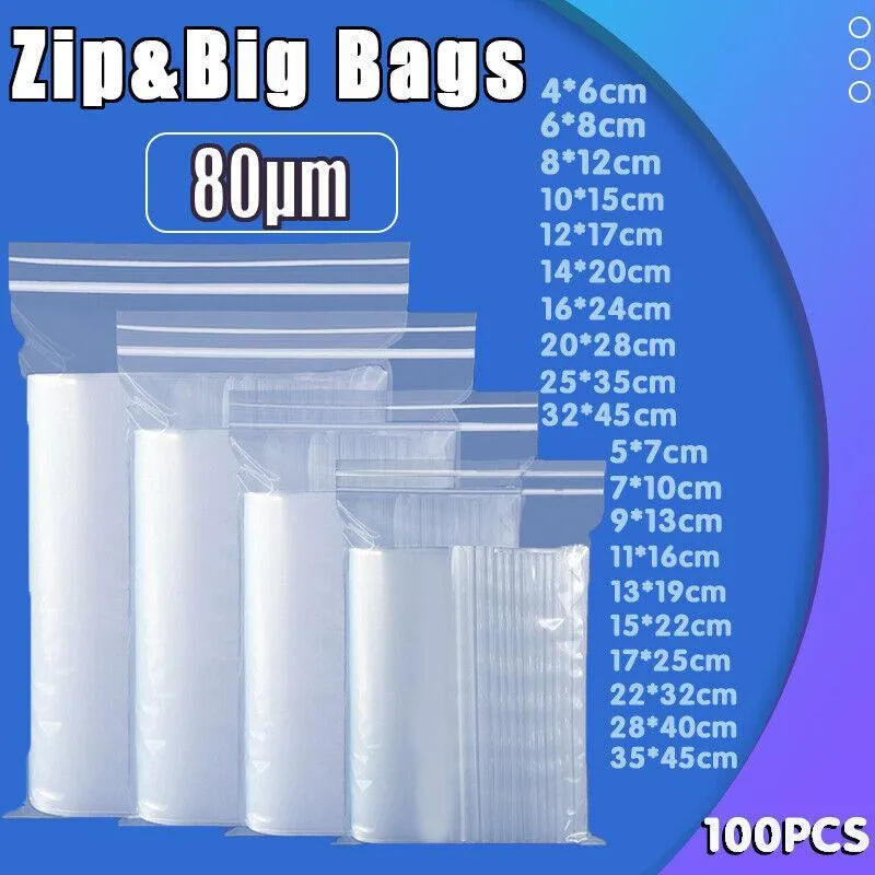 Ziplock Bags 100PCS 20Sizes Plastic Clear